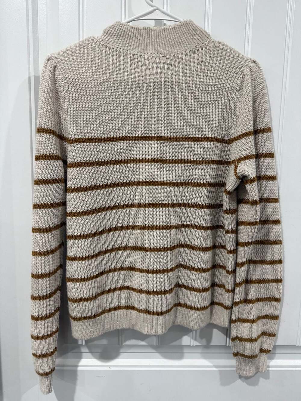 Garnet Hill Wool Linen Striped Puff Sleeve Mock Neck Sweater Medium Cozy - Picture 3 of 7